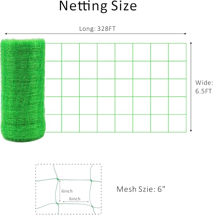 Toolazy Trellis Netting 79" x328' Green - Heavy Duty 6" Mesh Plant Support Net for Climbing Vegetables, Garden Trellis Roll for Tomato Cucumber Pea Bean Vine Grow Tent Scrog Hydroponic Use