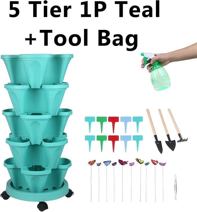 GameXcel Vertical Planter, 5 Tier Stackable Strawberry Planter with Garden Tool Set, Movable Indoor/Outdoor Garden Herb Pot for Growing Vegetables and Succulents, Teal