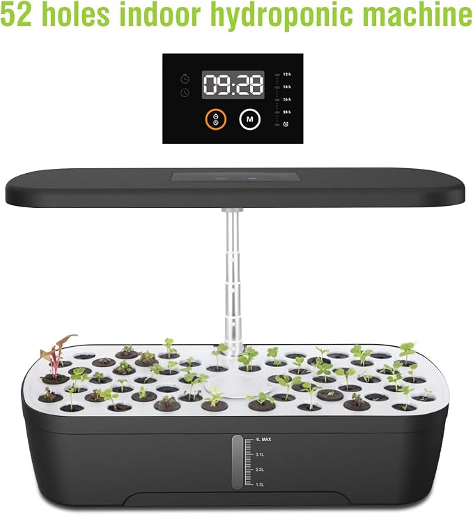 52 Pods Smart Hydroponics Growing System Indoor Herb Garden with Auto Timer | 24W Full-Spectrum Grow Light, 4L Water Tank, Quiet Pump, Height Adjustable, Great for Herbs Veggies in Kitchen & Office