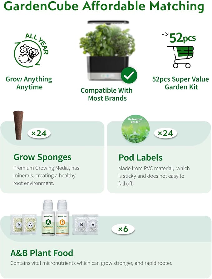 GARDENCUBE 52pcs Hydroponics Pods Kit Compatible with AeroGarden | 24 Sponges, 24 Pod Labels, 400ml A&B Nutrients, Tweezer, Grow Anything Supplies for Most Brands