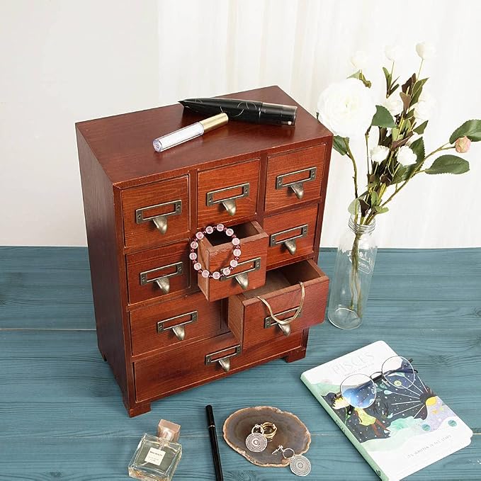 Apothecary Drawers Apothecary Cabinet with Drawers, Brown | 9 Drawer Library Card Catalog, Wooden Storage Box, Wooden Desktop Organizer with Metal Handles-Fulled Assembled
