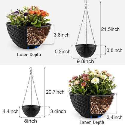 RooTrimmer Hanging Planters for Indoor Outdoor Plants 8 and 10 Inch, 4 Packs Hanging Flower Pot with Drainage Holes, Self-Watering Hanging Basket Perfect for Home, Office and Garden, Black
