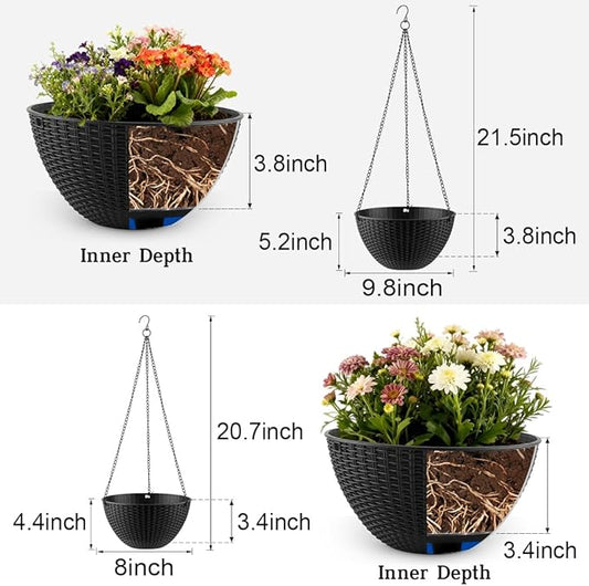 RooTrimmer Hanging Planters for Indoor Outdoor Plants 8 and 10 Inch, 4 Packs Hanging Flower Pot with Drainage Holes, Self-Watering Hanging Basket Perfect for Home, Office and Garden, Black