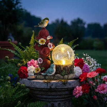 TERESA'S COLLECTIONS Garden Decor, Cute Birds and Hydrant Garden Statue with Solar Light Glass Ball, Waterproof Resin Outdoor Statue, Cute Bird Decor, Garden Gift for Women Mom, Indoor/Outdoor