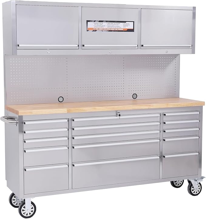 Heavy Duty 61" Tool Chest Cabinet, Mobile Garage Workbench with 15Drawers and Power Strip, Rubber Wood Worktop, 1675 LBS Load, Rolling Tool Storage Organizer for Mechanic, Shop or Home Use