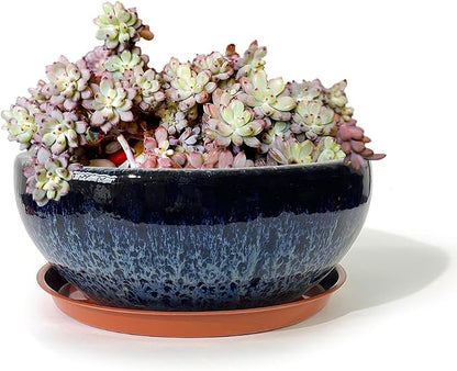 9 Inch Glazed Terracotta Plant Pot Round Ceramic Succulent Planter Pot with Drainage and Mesh Pad Cactus Clay Bonsai Pot (Blue)