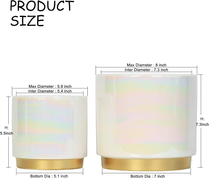 Gepege White Indoor Plant Pots for Plants, Ceramic Planter with Drainage Hole, 7.6 Inch +6 Inch 2pcs Succulent Orchid Flower Pot - Rainbow Pearl Glaze