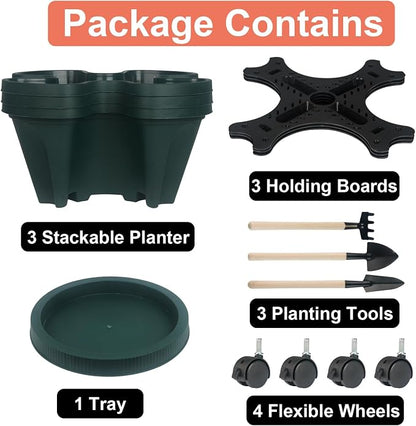 GameXcel Vertical Planter Tower - 3 Tier Stackable Garden Planters with Wheels and Tools Plant Pots for Strawberry Herb Flower and Vegetable Indoor Outdoor Use Green