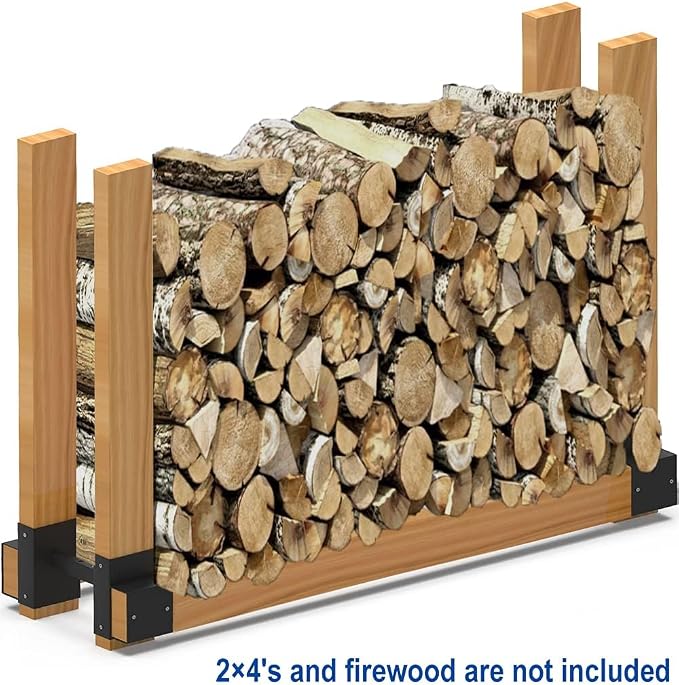 Outdoor Firewood Rack Bracket Kit, 2x4 Firewood Storage Holder with 3 Depth Adjustable, Lumber Storage Rack for Outdoor Indoor Patio, 1 Pair (2x4s not Included)