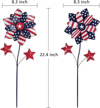 YEAHOME 4th of July Decorations Outdoor, 22.4" Set of 2 Red White Blue Metal Flowers Decorative Garden Stakes for Memorial Day Decorations, Yard Signs Patriotic Decorations for Garden Lawn Porch