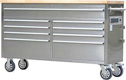 61-Inch Heavy-Duty Rolling Tool Chest & Mobile Workbench with 9 Drawers, Steel Storage Cabinet, Rubber Wood Tabletop, Key Locking System and Drawer Liners for Garage, Workshop, Repair Shop, Silver