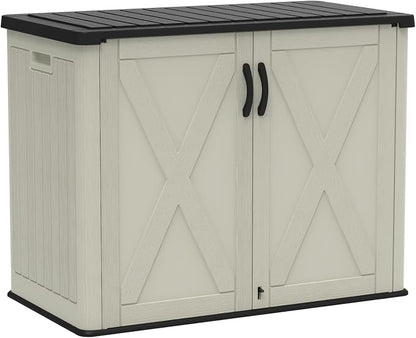Devoko 26 Cu Ft Plastic Outdoor Storage Cabinet, Beige | Horizontal Resin Storage Shed with Lockable Door, Water-Resistant Backyard Storage Box for Garden Patio, Shelf Not Included