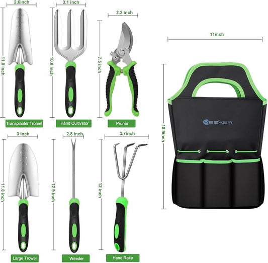Yesker Gardening Tools 7-Piece Heavy Duty Garden Tool Set Gardening Supplies Gifts for Women Men Gardening Hand Tool Kit with Non-Slip Ergonomic Handle, Durable Garden Bag, Pruning Shears, Black Green