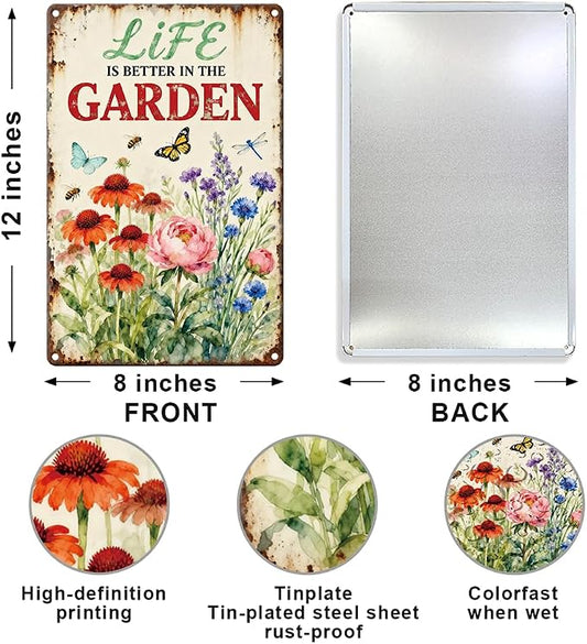 Vintage GardeningMetal Tin Sign Life Is Better In The Garden Wall Art for Outdoor Garden Botanical Wall Decor