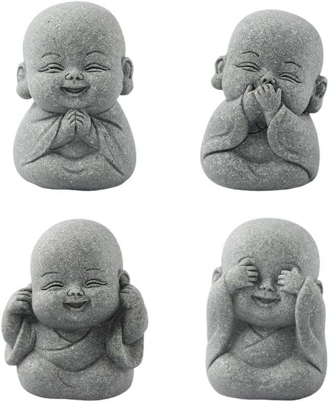4Pcs Mini Zen Laughing Buddha Figurines Resin Praying Monk Statue Rustic Meditation Garden Ornaments for Bonsai Pots Landscaping Ornament