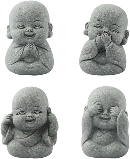 4Pcs Mini Zen Laughing Buddha Figurines Resin Praying Monk Statue Rustic Meditation Garden Ornaments for Bonsai Pots Landscaping Ornament