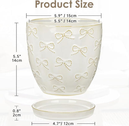 Hollyone 6 Inch White Ceramic Planter Flower Plant Pot with Drainage Hole and Saucer for Plants Embossed Indoor Outdoor Garden Embossed Ceramic Glazed Round Pot for Succulent Orchid Bow Pattern