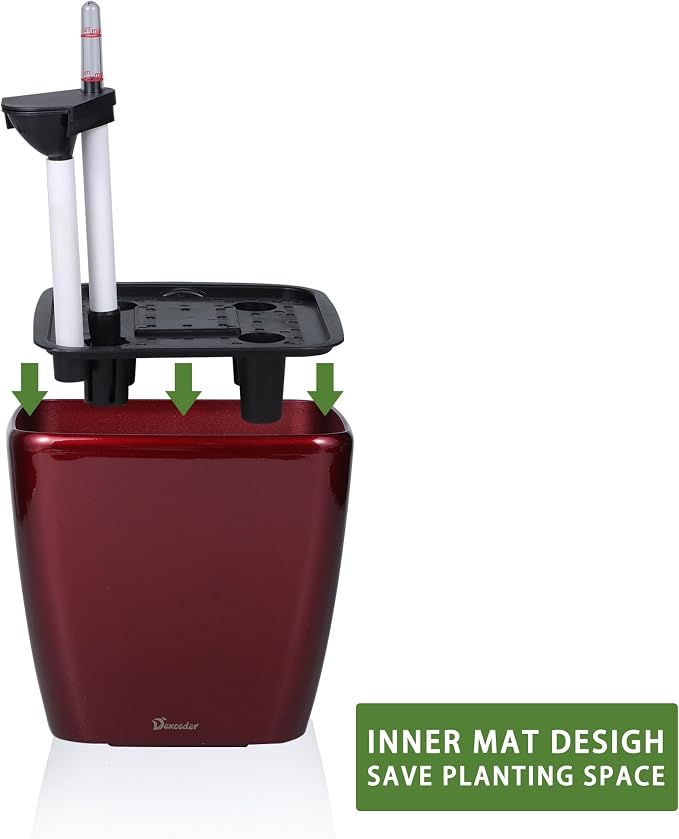 Dexceder 9x8 Self Watering Planter (Red High Gloss) | Inner Mat Design, Thickened Table Flower Plant Pot with Water Level Indicator Indoor Outdoor