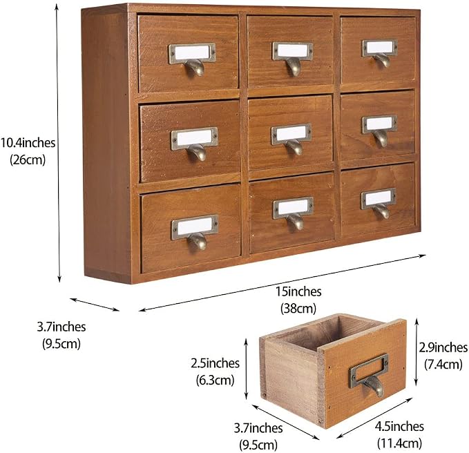 Apothecary Drawers Apothecary Cabinet with Drawers, Brown | 9 Drawer Library Card Catalog, Wooden Storage Box, Wooden Desktop Organizer with Metal Handles-Fulled Assembled