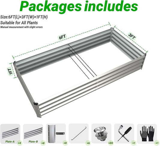 2PCS 6x3x1 FT Rectangle Metal Raised Garden Bed Kit, 0.5mm Thickened Silver Color-Coated Galvanized Steel Outdoor Planter Box, Elevated Metal Raised Planters for Flowers, Vegetables, Fruits, Herbs