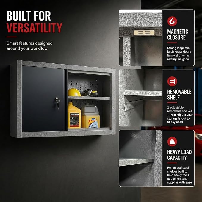 JZD Steel Wall Cabinet, Industrial-Grade Workshop Storage Solutions with Two Removable Shelves, for Garage Home Kitchen Utility Room Mechanics