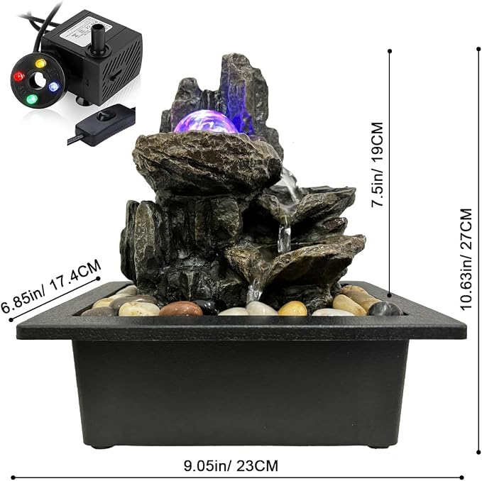 Indoor Tabletop Water Fountain Rotating Ball Rock Waterfall Fountain with Colorful Lights and Natural River Rocks, Zen Meditation for Home Office Decor (A)