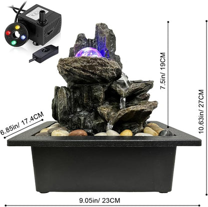 Indoor Tabletop Water Fountain Rotating Ball Rock Waterfall Fountain with Colorful Lights and Natural River Rocks, Zen Meditation for Home Office Decor (A)