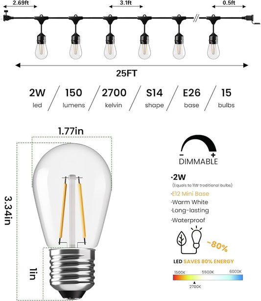 Svater 25 FT Outdoor String Lights 2W, Patio Light for Outside with 9 Antique S14 Plastic LED Bulbs, IP65 Waterproof Hanging Cafe Market Lighting, ETL-Listed Dimmable Warm White 2700K