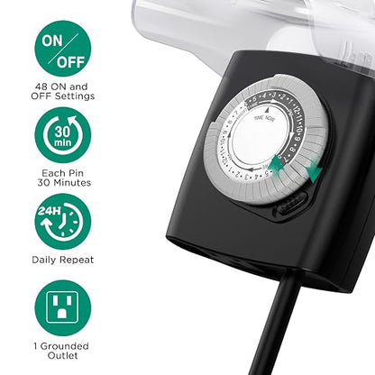 G-ELEK Outdoor Timer Outlet Waterproof, Outdoor Light Timer, 3/4HP Heavy Duty, 18 Inches Long Cord, 1 Grounded Outlet, Ideal for Engine Block Heater, Pool Pump, CSA Listed (Black)