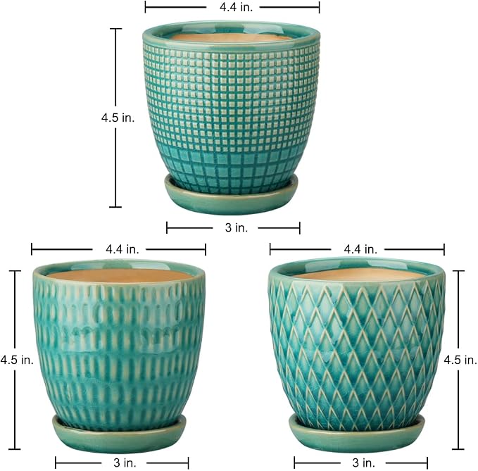 Oairse 4 inches Ceramic Planters Pots for Indoor Plants 3 Set of Small Round Flower Pots with Drainage Hole and Ceramic Tray Modern Planters Set for Succulents Cactus Garden Home Windowsill Table