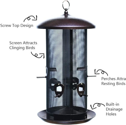 Nature's Rhythm Metal Hopper Bird Feeder Two Chambers，Heavy Duty Mesh Metal Dual Seed Compartments Outdoor Hanging Wild Bird Feeder with 10 Feeding Ports,10lbs Seed Capacity