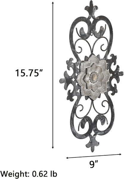 Metal Flowers Wall Art, 15.75” x 9” Metal Scroll Floral Wall Decor, Hanging Wall Sculpture with Wooden Bohemian Flower, Iron Wall Decoration for Living Room Kitchen, Outside Wall Decor for Garden