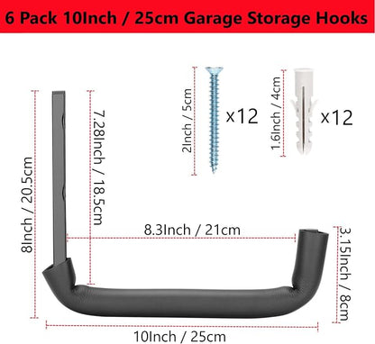 Garage Hooks, 10" Heavy Duty Garage Storage Tool Hangers, Wall Mount Storage Hooks for Garden Tools, Ladders, Bikes, Bulky Items