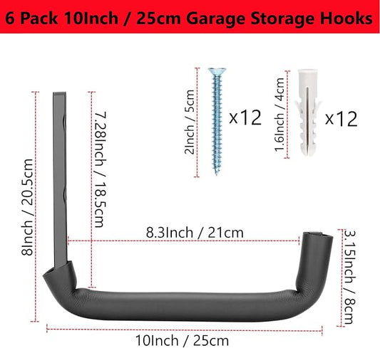 Garage Hooks, 10" Heavy Duty Garage Storage Tool Hangers, Wall Mount Storage Hooks for Garden Tools, Ladders, Bikes, Bulky Items