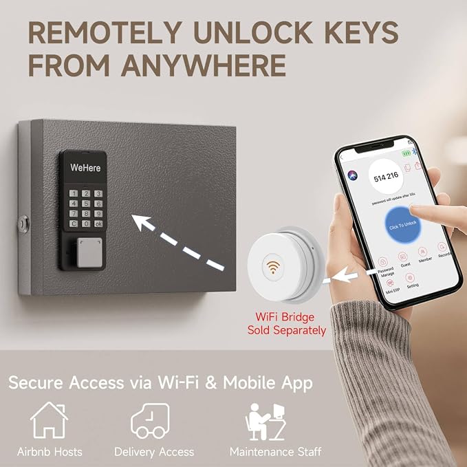 WeHere 16-Key Key Lock Box Wall Mount – Smart Key Cabinet with App, Keypad, Bluetooth & WiFi Unlock (Sold Separately), Key Organizer for Home, Access Log Tracking Key Management for Small Office
