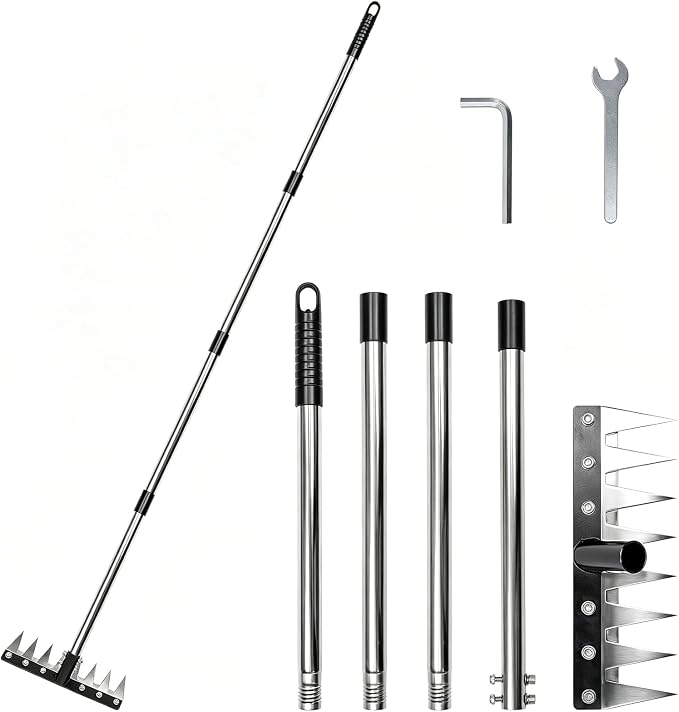 Heavy Duty Iron Weeding Rake, Complete Weed Rake Tool with 4-Section Adjustable Handle(33" to 65"), 8 Sharp Teeths Thick Steel Weed Puller Tool for Raised Garden Beds, Flower Beds & Soft Soil