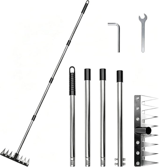 Heavy Duty Iron Weeding Rake, Complete Weed Rake Tool with 4-Section Adjustable Handle(33" to 65"), 8 Sharp Teeths Thick Steel Weed Puller Tool for Raised Garden Beds, Flower Beds & Soft Soil