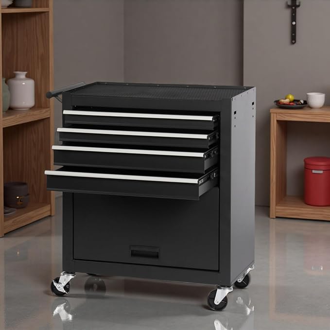 Tool Chest, 4-Drawers Rolling Tool Box with Workbench, Handle & Wheels, Large Space Mechanic Tool Cart, Suitable for Garages, Workshop, Warehouse, Repair Shops, Capacity 450lbs, Black
