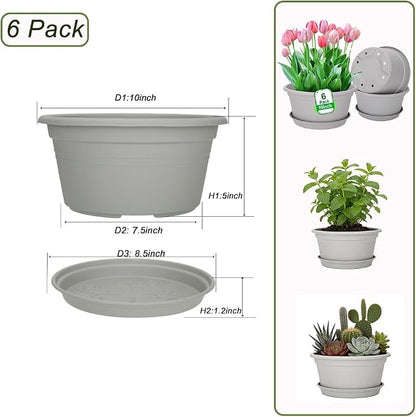 MRPAPA 6 Pack Large 10 Inch Plastic Plant Pot, Outdoor Indoor Round Planters Pots with Drainage Hole & Tray Saucer,Decoration Pots for Home,Patio & Garden (Grey White)