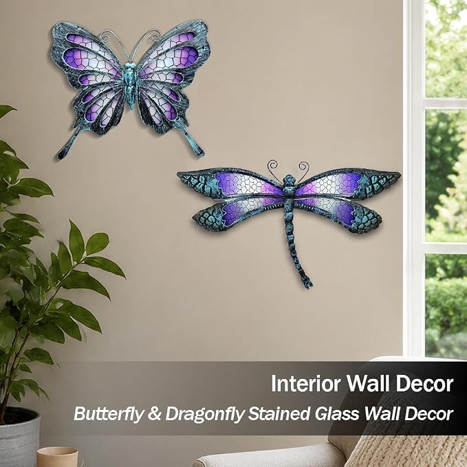 Metal Butterfly & Dragonfly Outdoor Wall Decor Art Set of 2 | Glass & metal wall sculptures, metal wall art for garden fence patio yard bedroom