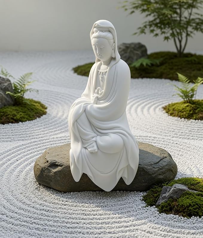 Bellaa Kwan Yin Buddha Statue - 11" White Marble Powder Lady Buda Kuan Guanyin Goddess of Mercy Sculpture - Meditation Decor for Home, Office & Zen Garden 22654