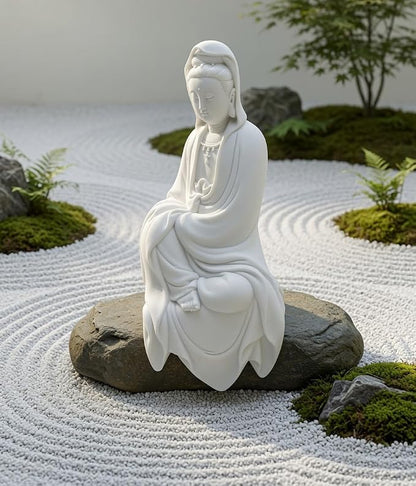 Bellaa Kwan Yin Buddha Statue - 11" White Marble Powder Lady Buda Kuan Guanyin Goddess of Mercy Sculpture - Meditation Decor for Home, Office & Zen Garden 22654