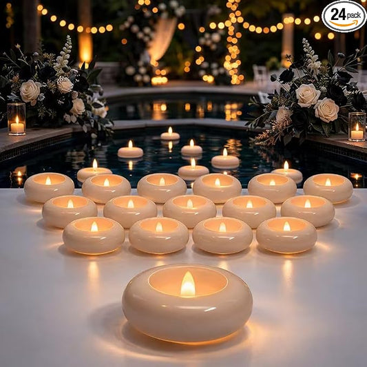 Aignis 24pcs Flameless Candles Waterproof, 200Hr 2.2”LED Tea Lights with Battery, Water-Activated Candles for Pool, Wedding Centerpieces, Bath & Spa, Home Decoration (Elegant White)
