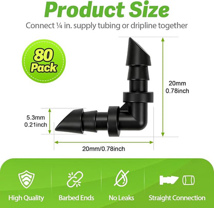 RedChili Drip Irrigation Universal 1/4" Barbed Elbow Fitting, 80 Pieces Drip System Parts 90 Degree Right Angle Connectors Fits 1/4-Inch Drip Tubing Irrigation For Drip Line Connection