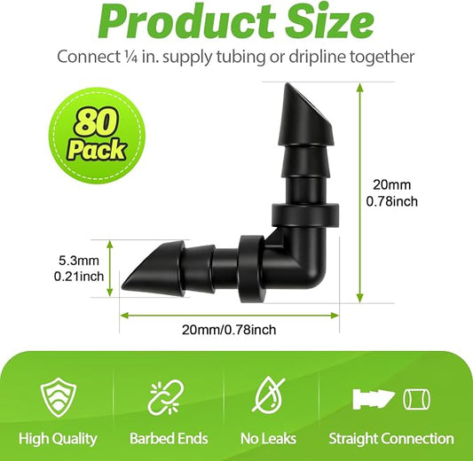 RedChili Drip Irrigation Universal 1/4" Barbed Elbow Fitting, 80 Pieces Drip System Parts 90 Degree Right Angle Connectors Fits 1/4-Inch Drip Tubing Irrigation For Drip Line Connection
