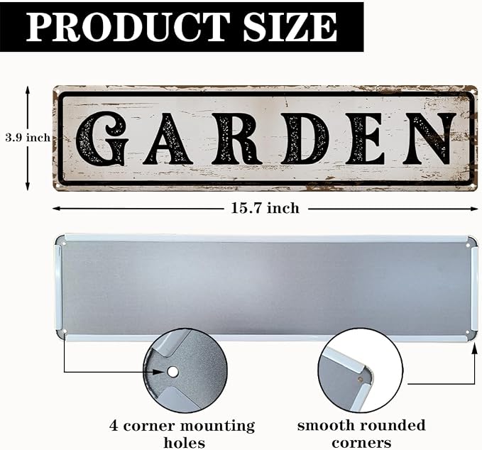 Garden Metal Tin Sign, Vintage Farmhouse Decor, Rustic Garden Wall Art, for Yard Fence Door Porch, Indoor Outdoor Decoration, 15.7 x 3.9 Inches