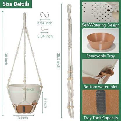 Self-Watering Hanging Planters for Indoor Plants Set 2-Piece Includes Plant Hanging Pot, Drainage-Hole Hanging Pot, and Hanging Basket Rack (10 Inches, White)