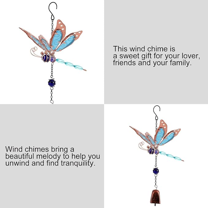 Dragonfly Wind Chimes, Garden Glass Bell Glow Wind Chimes for Home, Party, Festival Decor, Garden Decoration Indoor/Outdoor,Lifelike Dragonfly Deep Tone Style