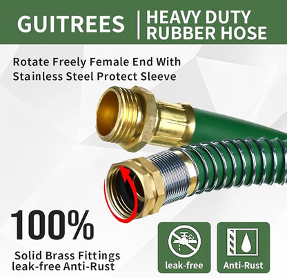 Guitrees 25FT 5/8 Heavy Duty Rubber Garden Hose - 300psi Working, 1000psi Burst - Hot/Cold Water - Five-Layered Braiding for Durability - Versatile for Gardening, Agriculture, Construction(Green)