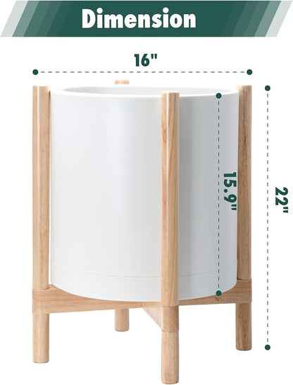 D'vine Dev Plastic Pot with Natural Wood Stand, White, 16 in, 55-C-Y-1 | Mid-Century Inspired Design, Elevated Plant Display, Clean Lines, Sturdy Support, Modern Space-Saving Style